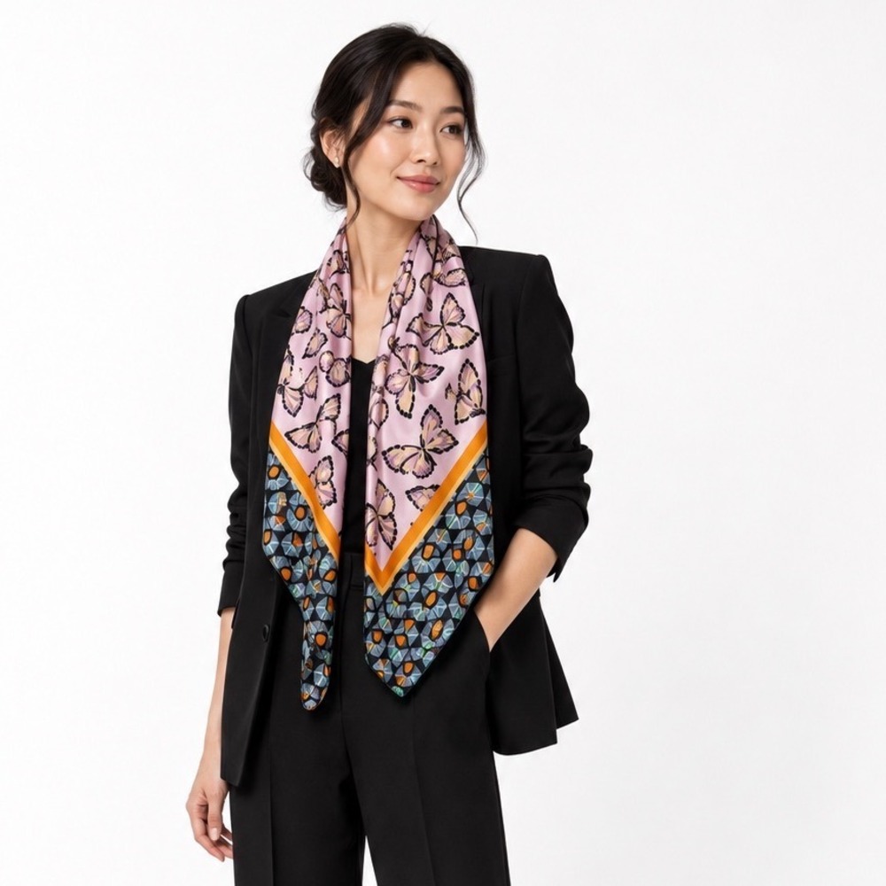 Zara Butterfly Geometric Print Square Scarf Pink Blue Orange Silk Feel 115-32